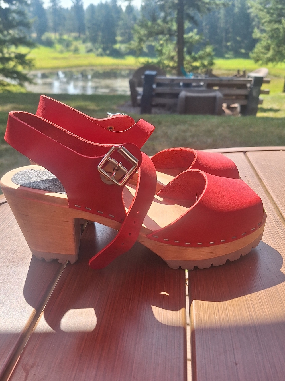 Women’s Red Suede Platform Clog Sandals with Buckle